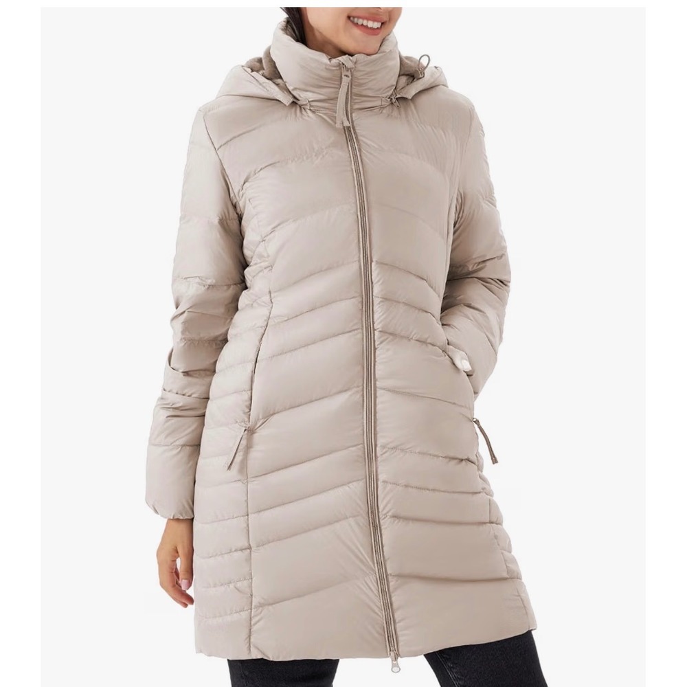 Purepear Womens Beige Down Puffer Jacket Hooded Chevron Quilted Parka Size M